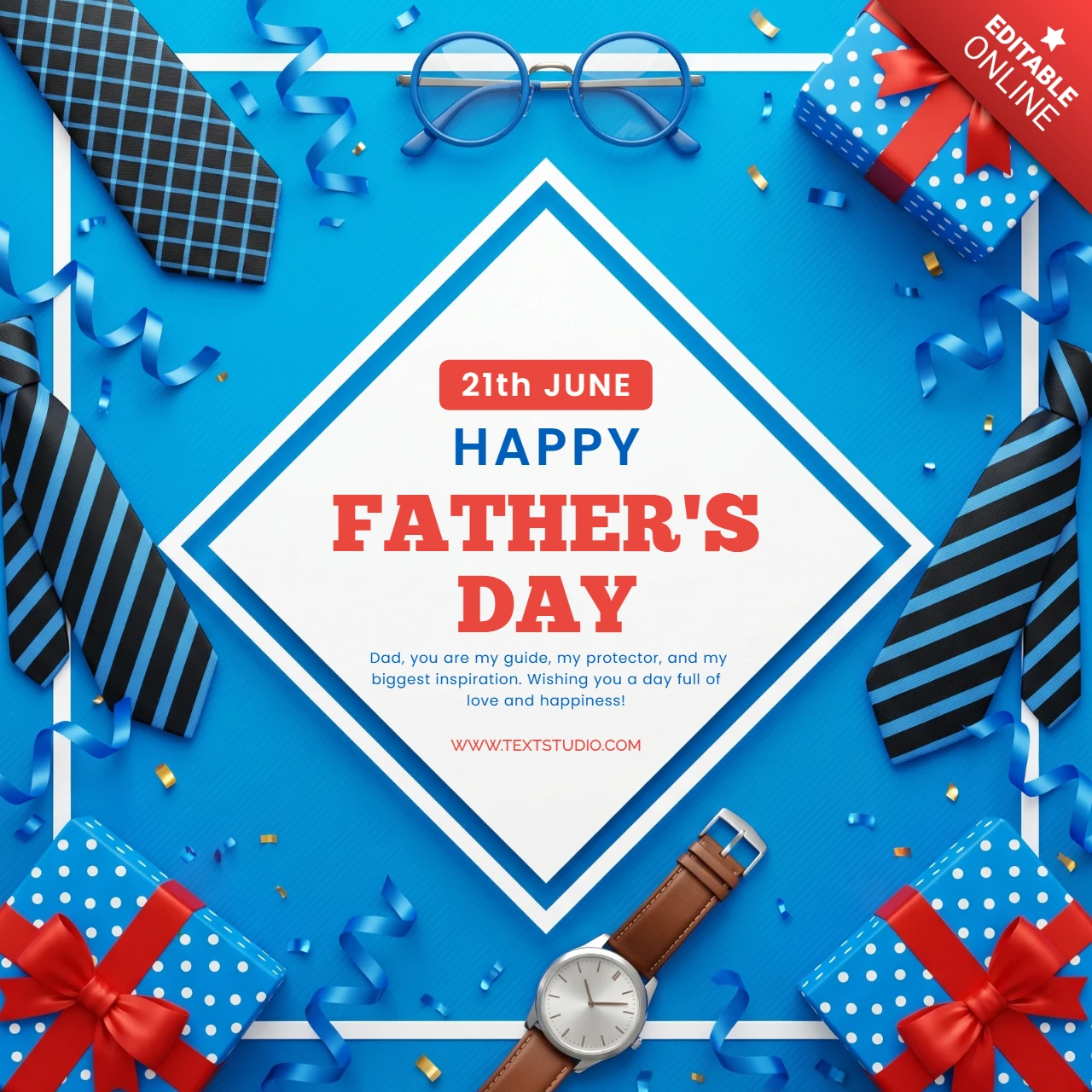 Póster de celebración del Día del Padre 2026 destacando fondo azul, marco de diamante, corbatas, cajas de regalo, reloj de pulsera, cintas rizadas, confeti y sentimiento inspirador para papá.
