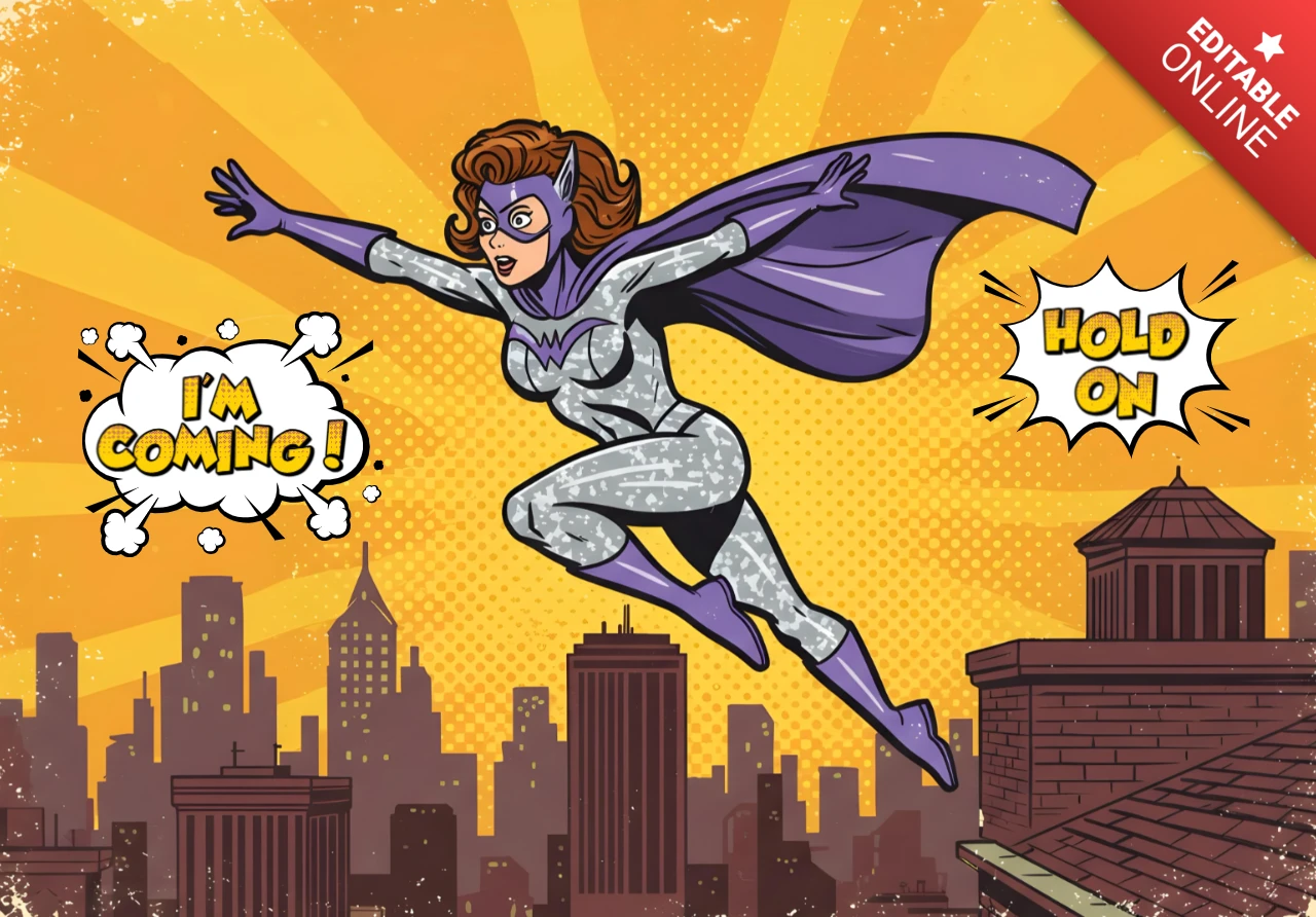 Flying Superhero Silver & Purple Costume with Cityscape and Rescue Quotes Poster Design Template