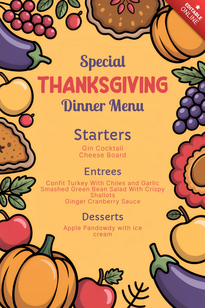 Modèle de menu de dîner de Thanksgiving avec des illustrations colorées et un design festif