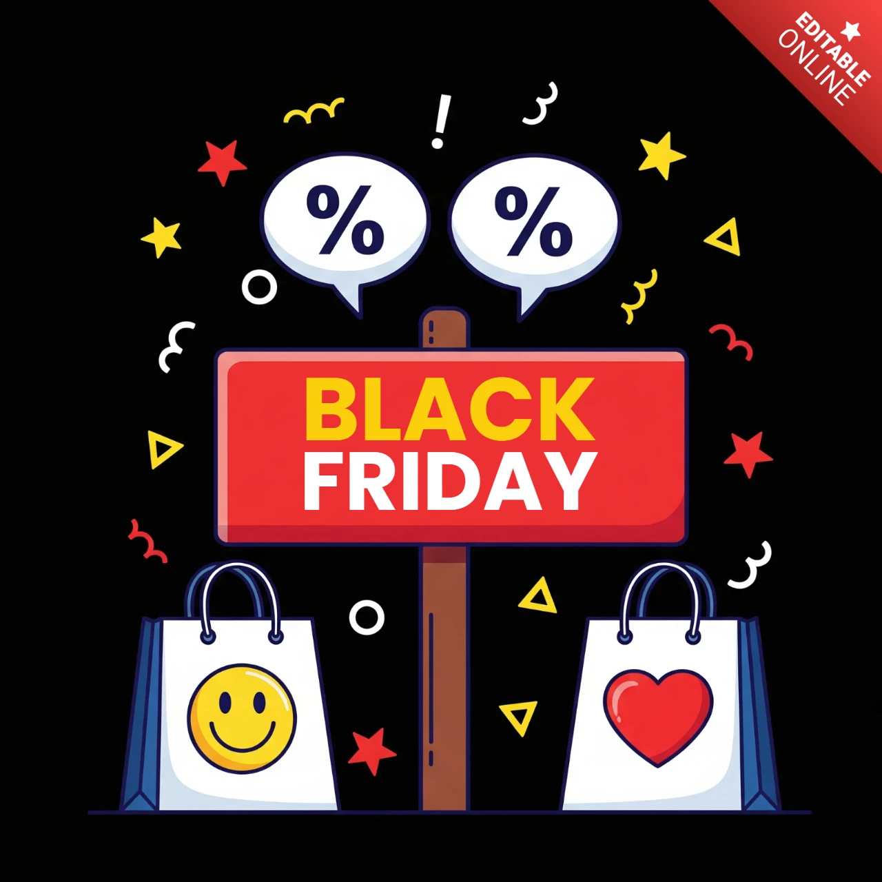 Festive Black Friday Sale Smiley and Heart Shopping Bags with Stars, Triangles, and Discount Symbols Design Template for Promotional Flyers
