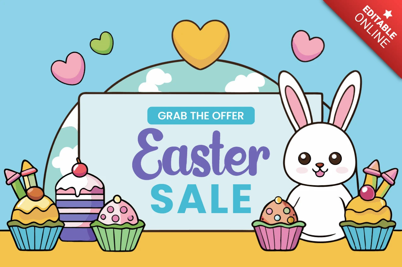 Colorful Easter Sale Template Design with Cute Bunny and Cupcakes