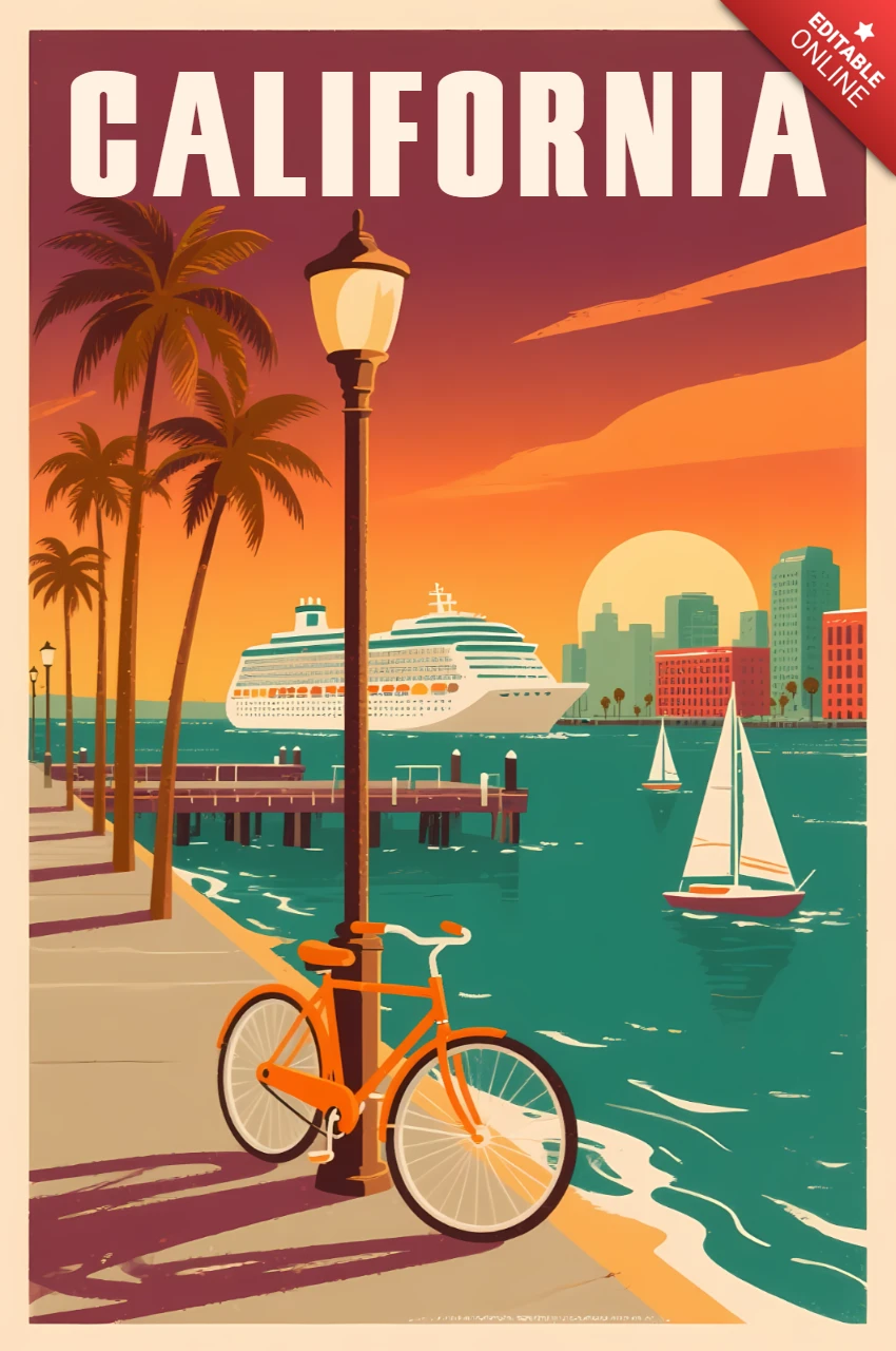 Modèle d'affiche de voyage vintage de Californie avec vélo et coucher de soleil pour brochure