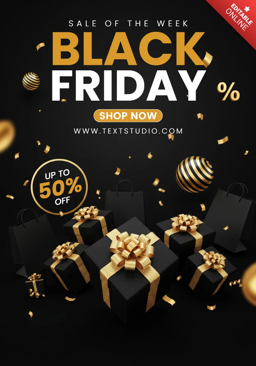 Affiche du Black Friday élégante avec des boîtes cadeaux noires et dorées, des confettis et un message de vente audacieux sur un fond sombre, modèle de conception pour promotion.
