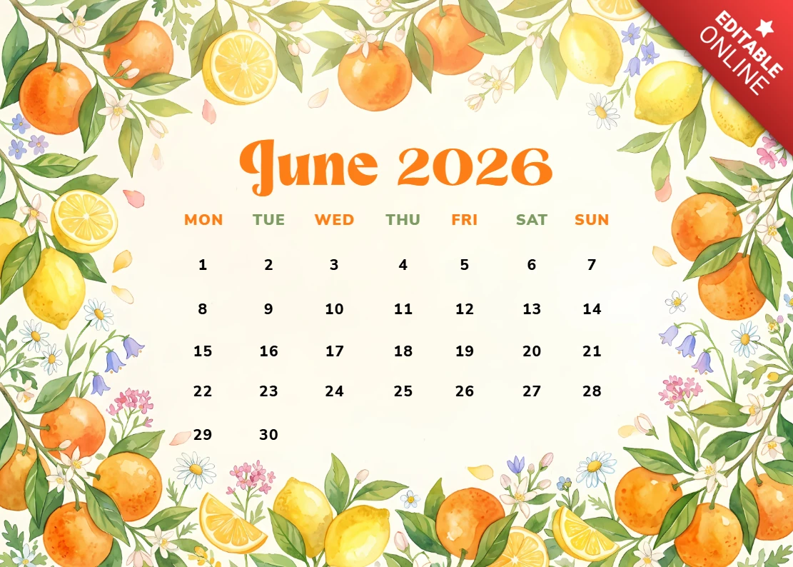June 2026 Monthly Calendar with Watercolor Citrus Fruits and Botanical Illustrations