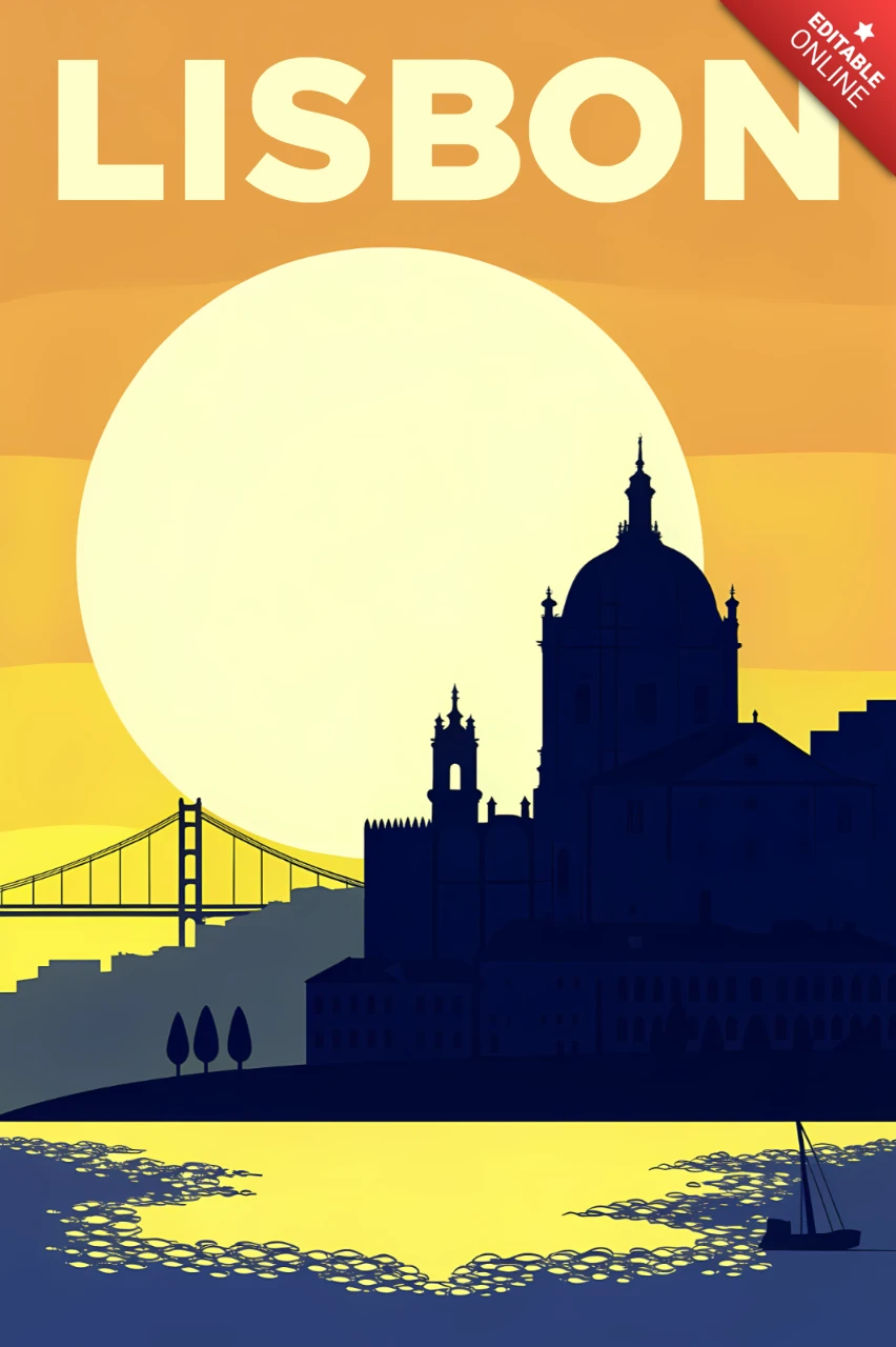 Lisbon Sunset Silhouette Design Template for Retro Flat Travel Posters
