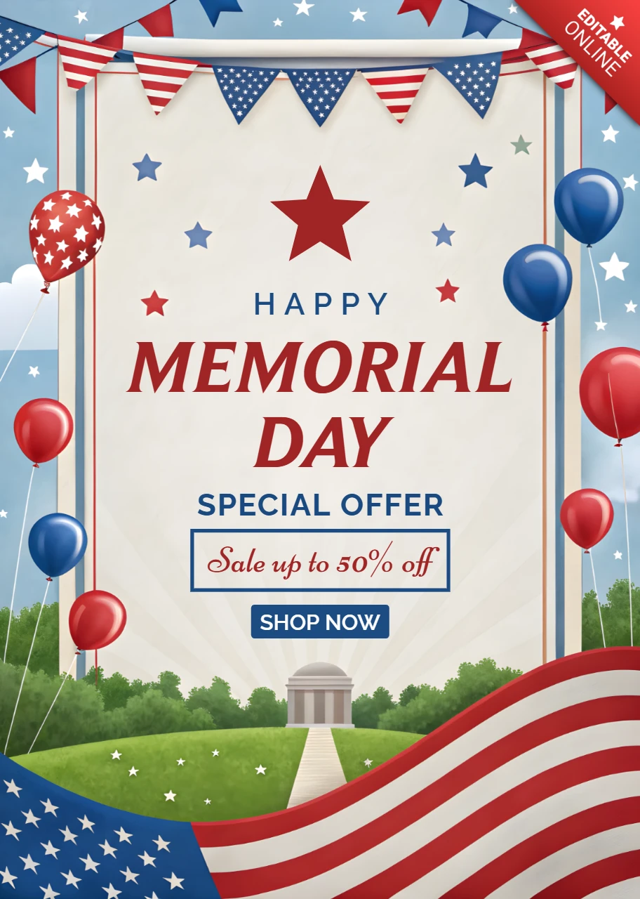 Festive Memorial Day Sale Template - Patriotic Design with Banners and Balloons
