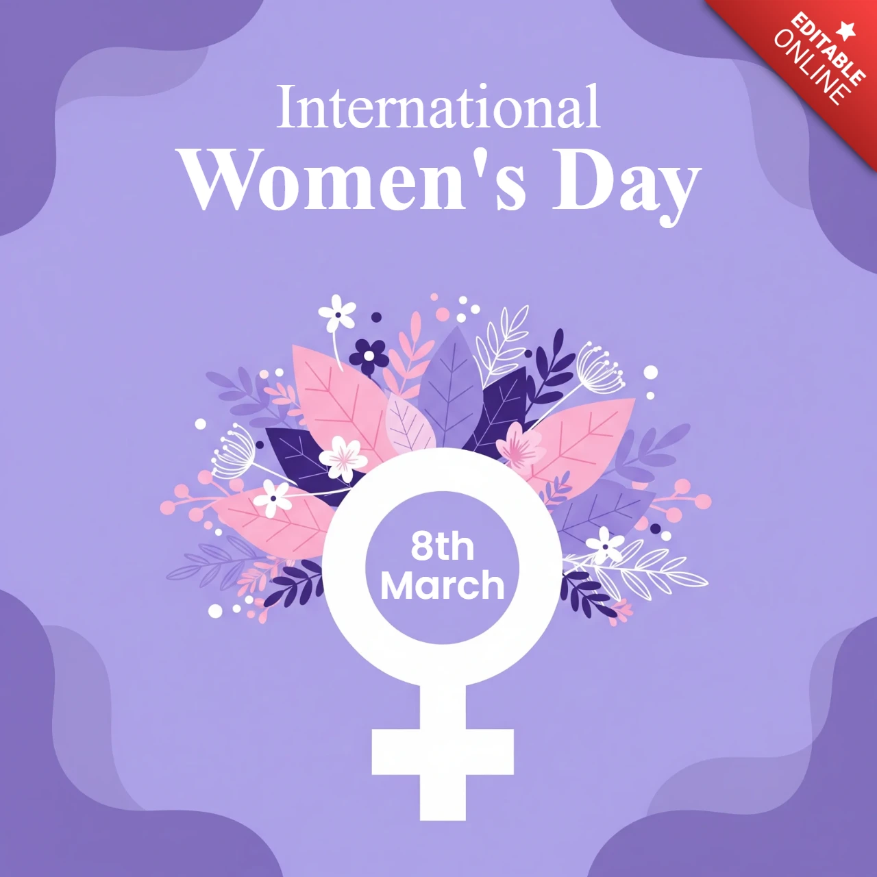 Modelo de cartaz do Dia Internacional da Mulher feliz com símbolo feminino, motivos florais e fundo decorativo em gradiente.