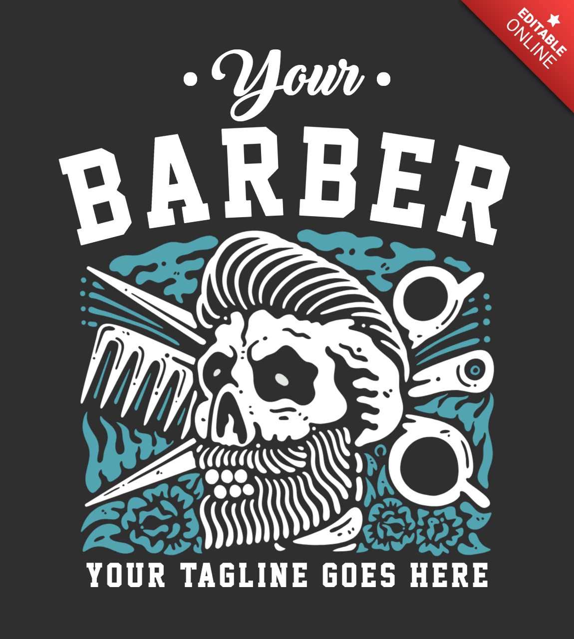 Modelo de design de camiseta vintage de caveira masculina elegante com cabelo