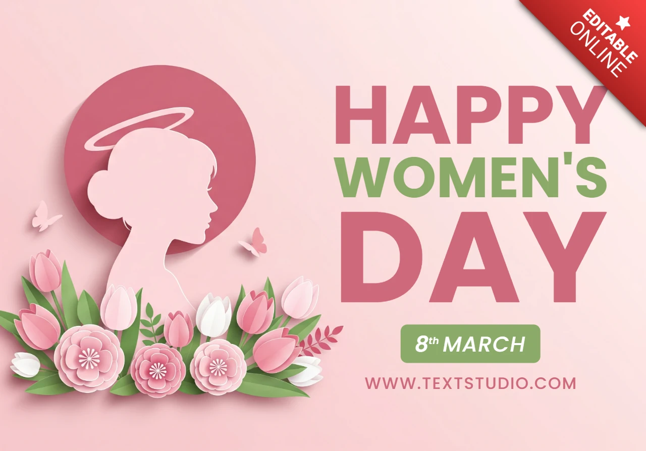 Modelo de cartaz do dia internacional da mulher com silhueta feminina, decorações florais e tema festivo em rosa.