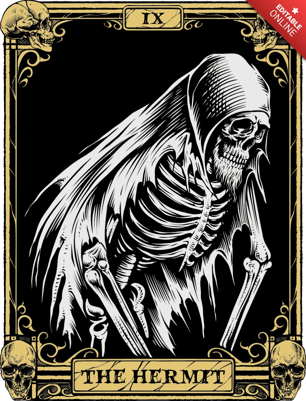 Vintage Gothic Oracle Card Design: The Hermit Skeleton Art