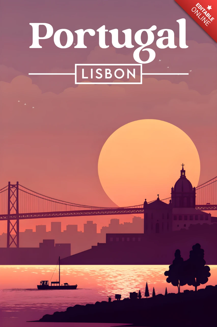 Lisbon Sunset Design for Retro Flat Travel Posters Template