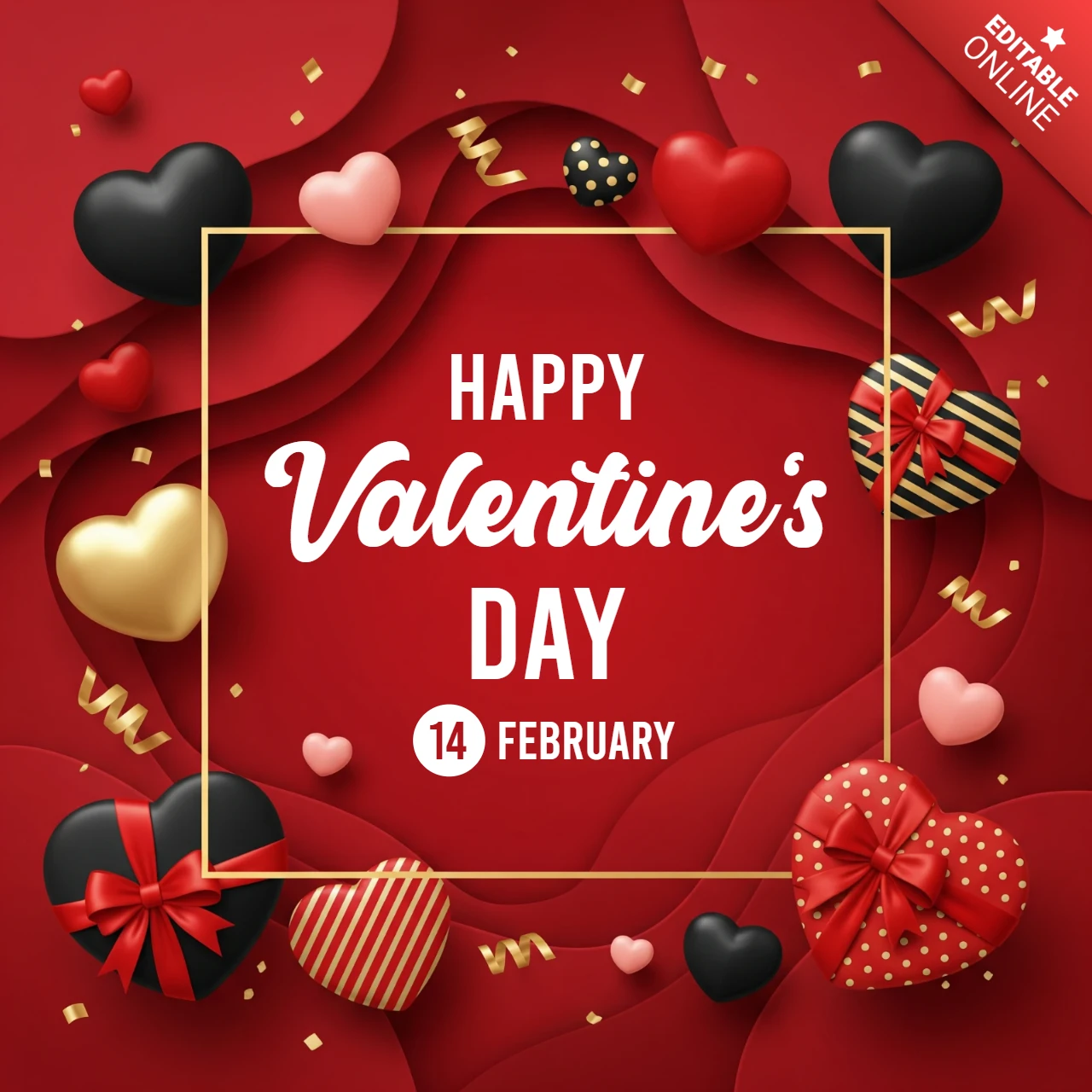 Tema festivo rosso con cuori a strisce, a pois e con fiocchi, biglietto di auguri per San Valentino.