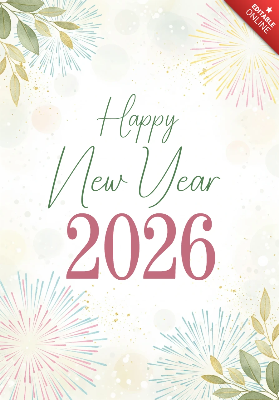 Watercolor New Year Card 2026 Celebration with Pastel Fireworks and Botanical Details