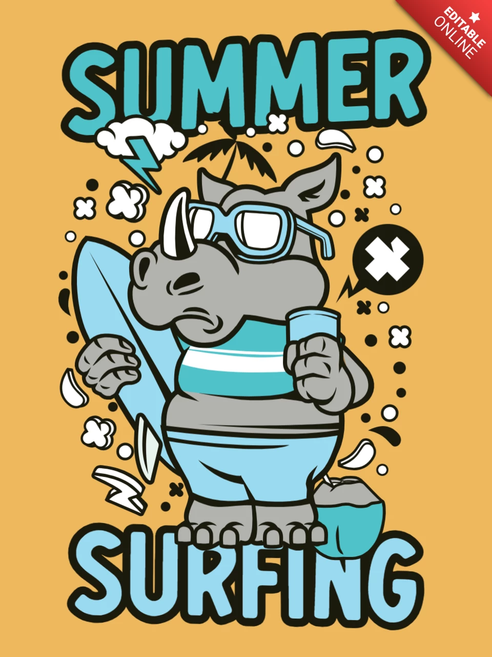 Summer Surfing Rhinoceros Cartoon T-Shirt Design Template