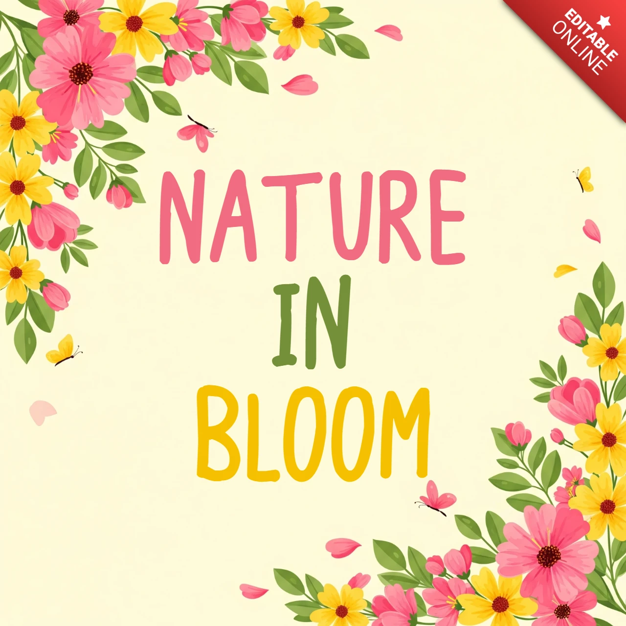 Modèle de design floral printanier pour cartes de vœux avec des fleurs colorées et une typographie fantaisiste