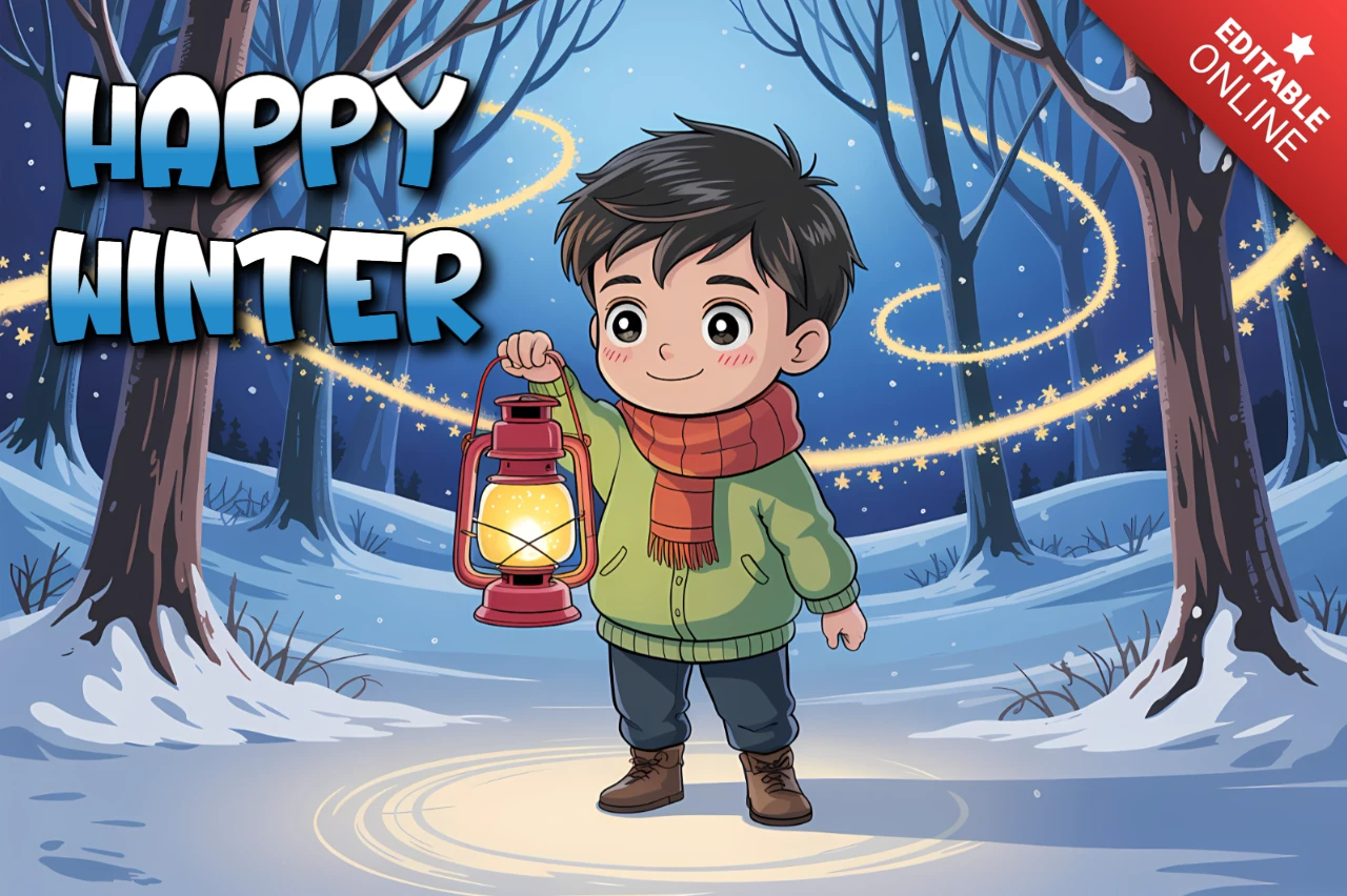 Winter Wonderland Design Template with Cute Boy Holding Lantern for Greeting Cards