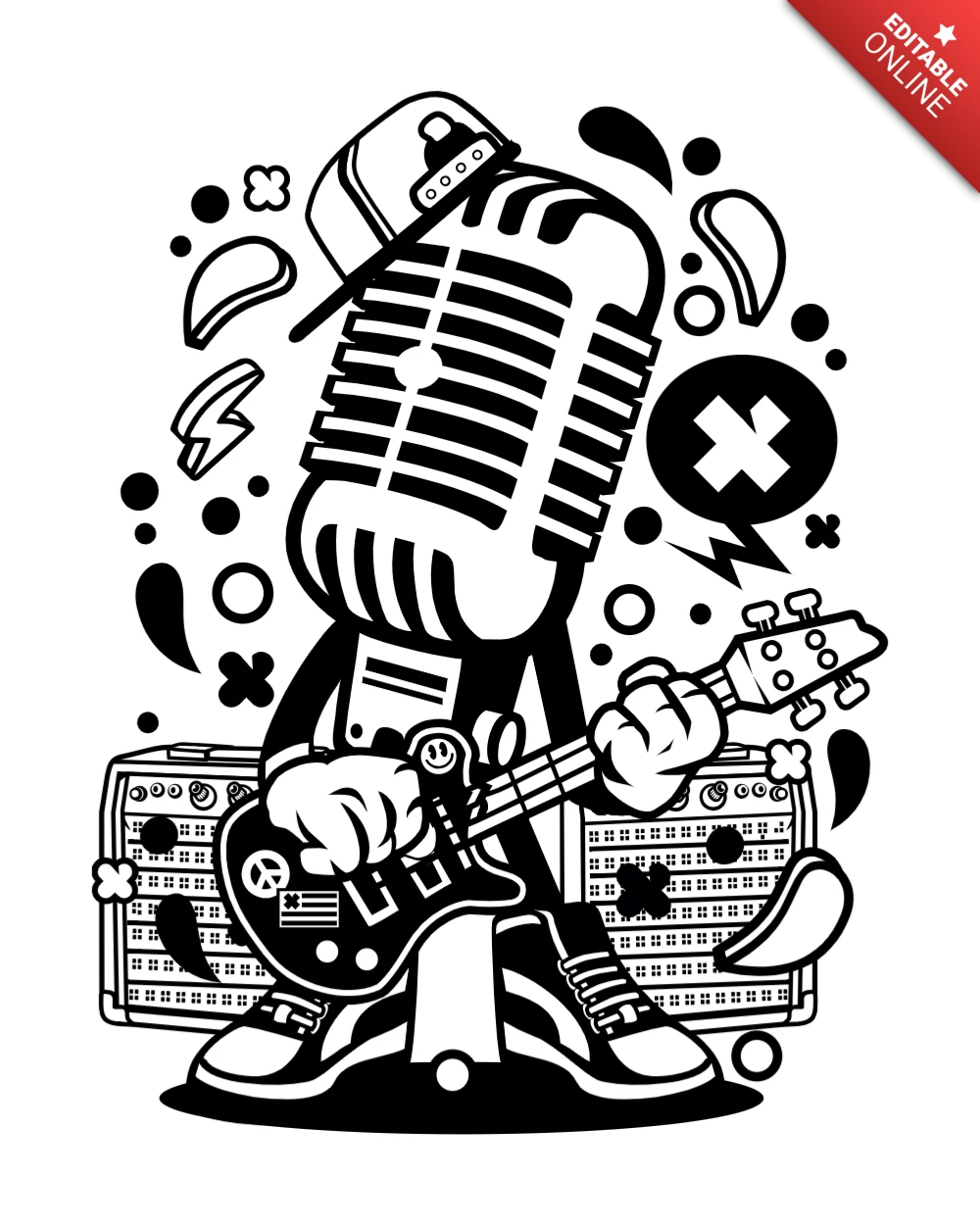 Modèle de conception de personnage de dessin animé de rocker de microphone rétro
