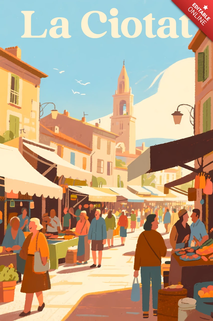 Design de scène de marché charmant à La Ciotat pour modèle d'affiches de voyage