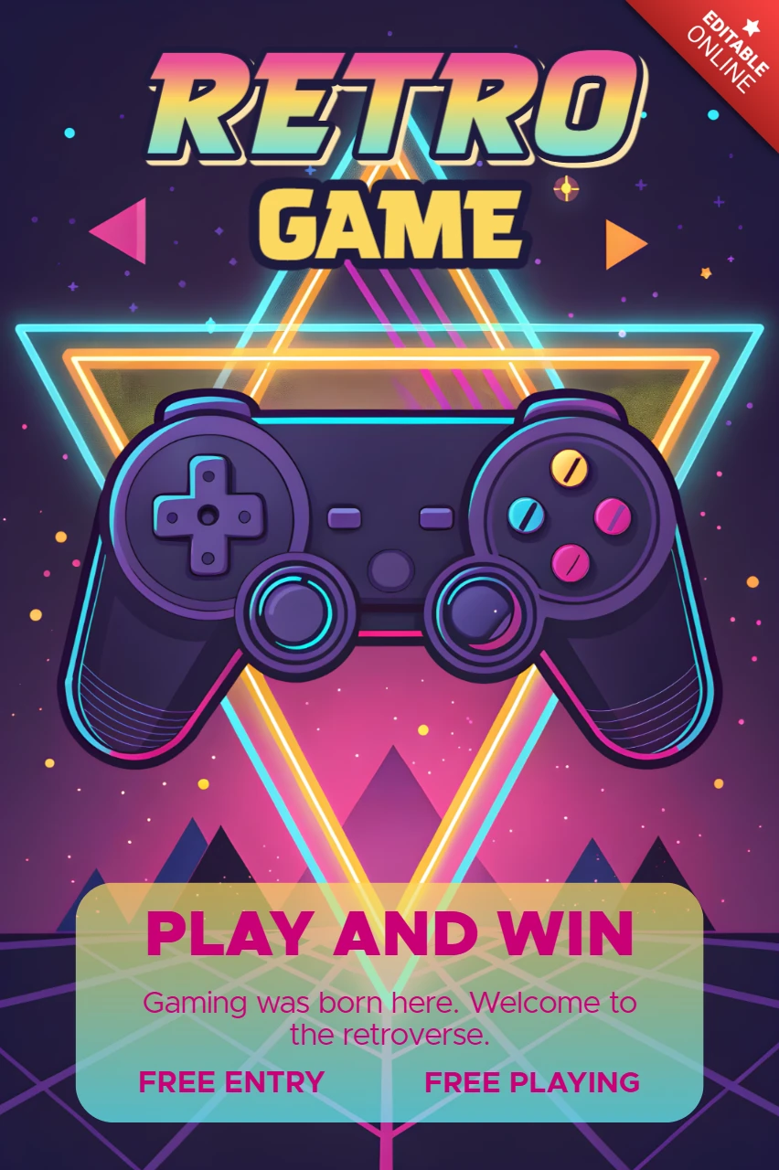 Modelo de design de jogo retro para panfletos de eventos de jogos com estilo neon