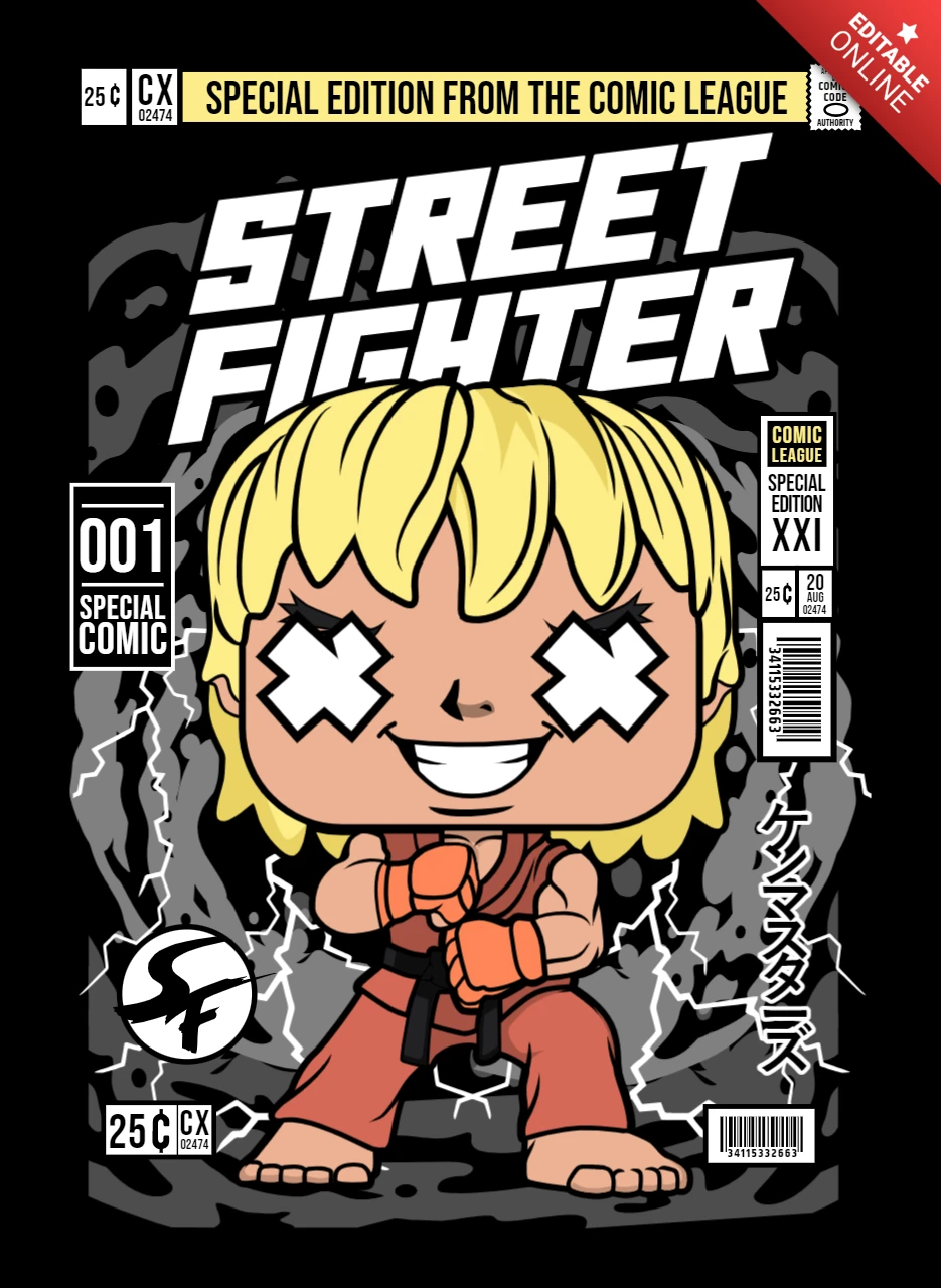 Ken street fighter stripfiguur tijdschrift cover ontwerpsjabloon