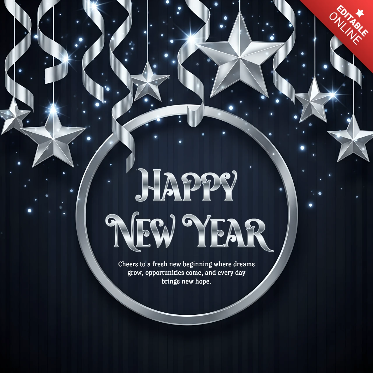 New Year Celebration Design Template with Silver Stars and Streamers for Party Invitations