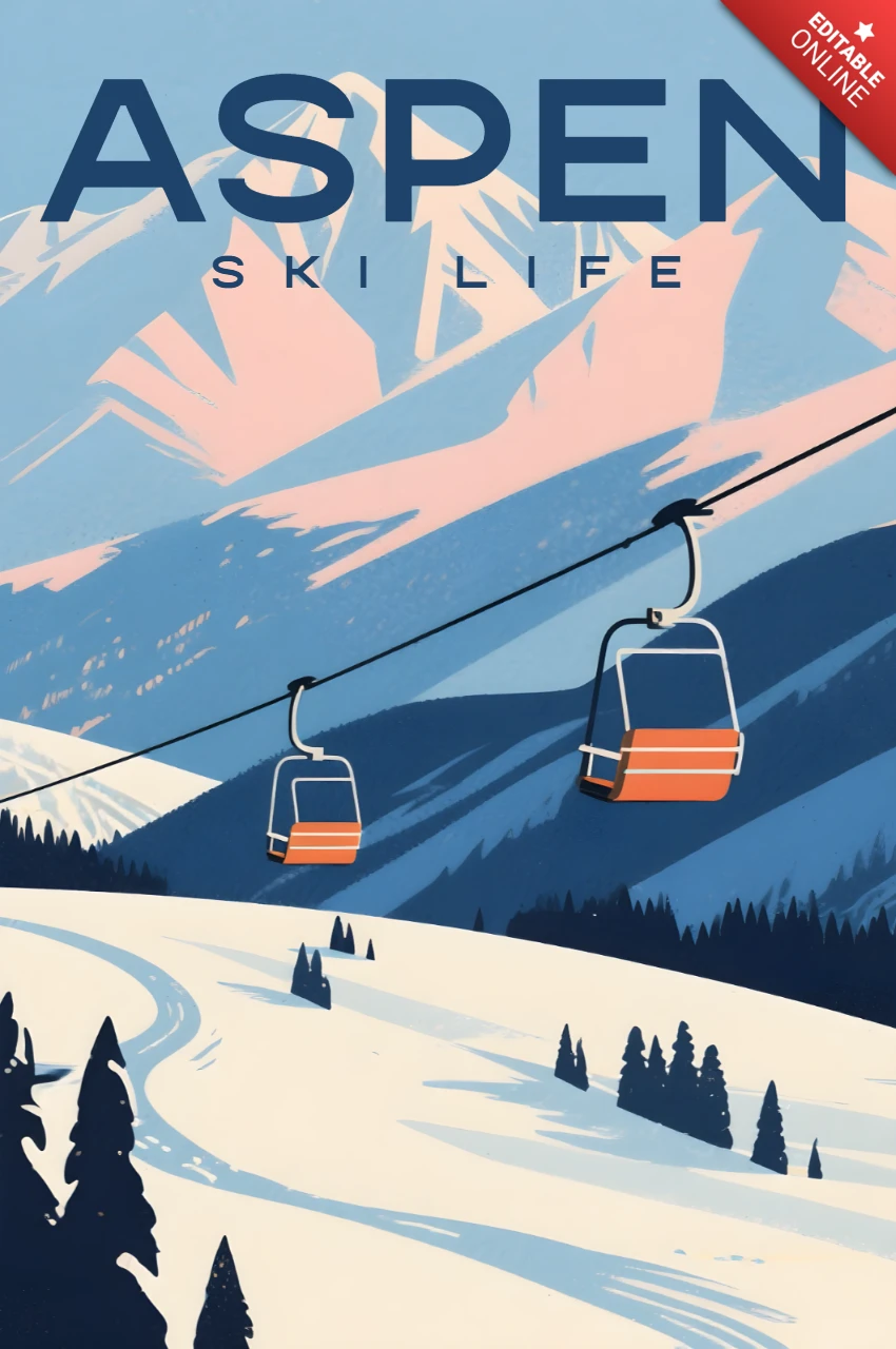 Vintage Ski Resort Poster Design Template Featuring Aspen Mountains and Gondola