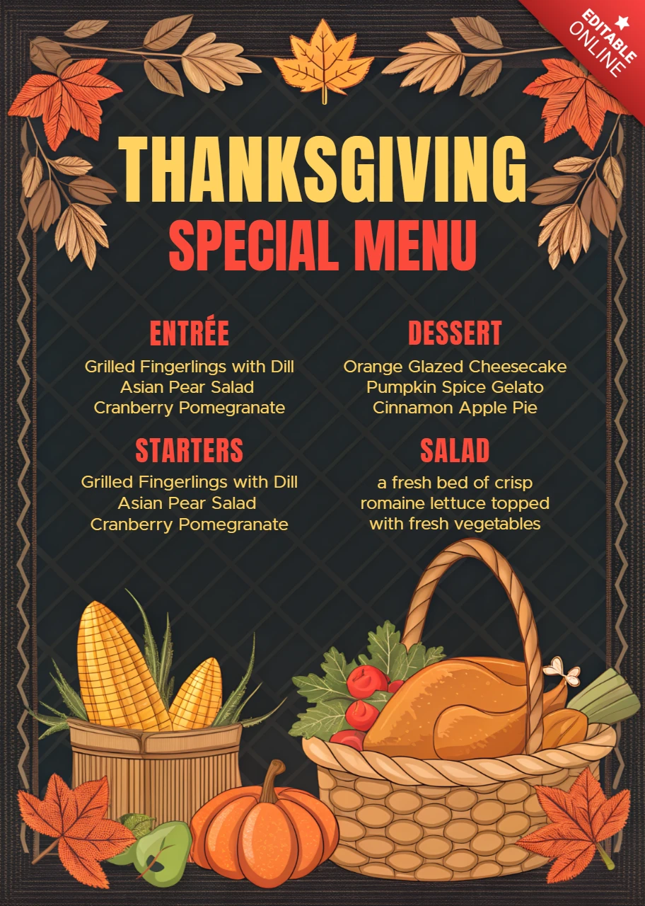 Thanksgiving menu ontwerpsjabloon met herfstbladeren en oogstelementen voor restaurantgebruik