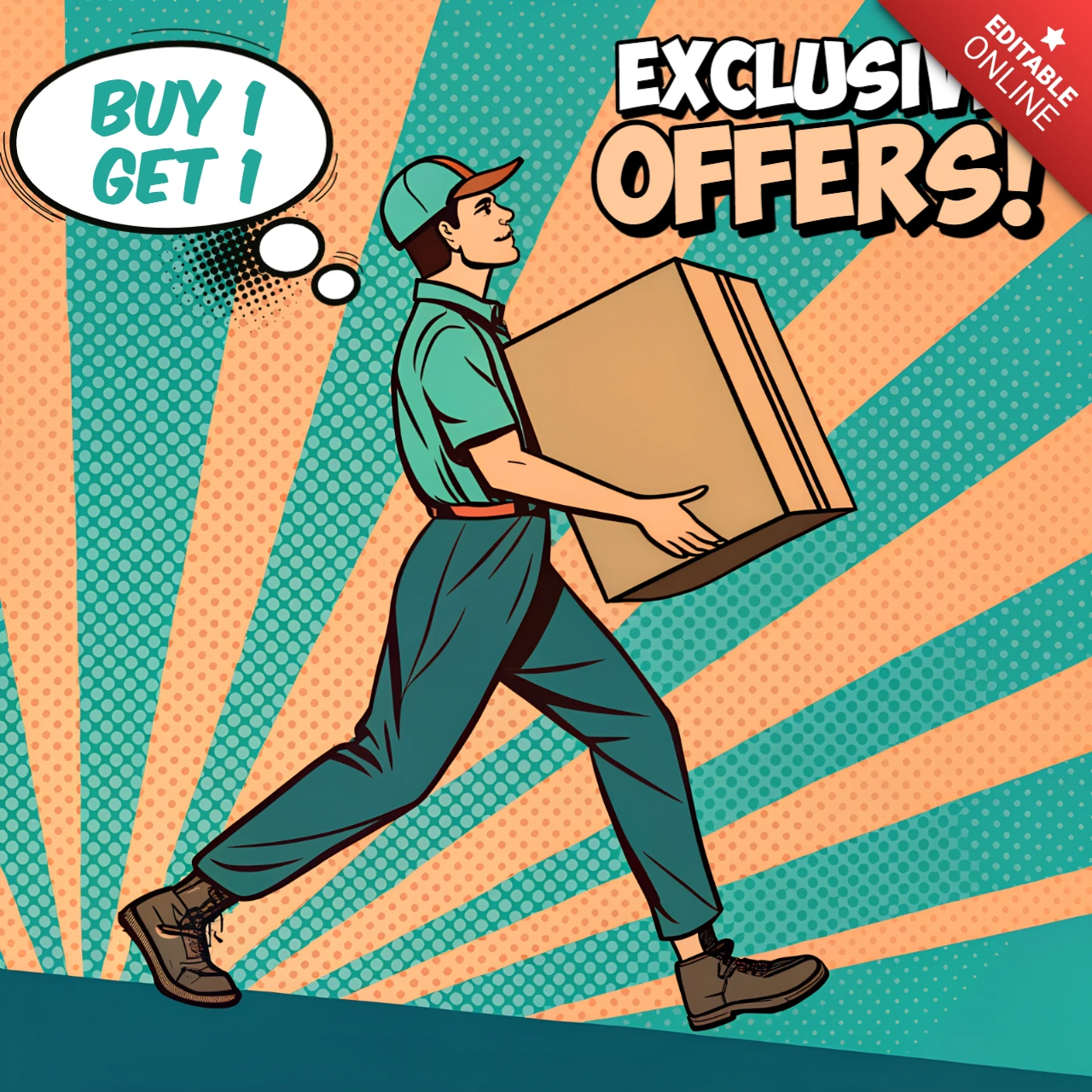 Plantilla de diseño promocional de pop art para ofertas exclusivas con personaje de entrega.