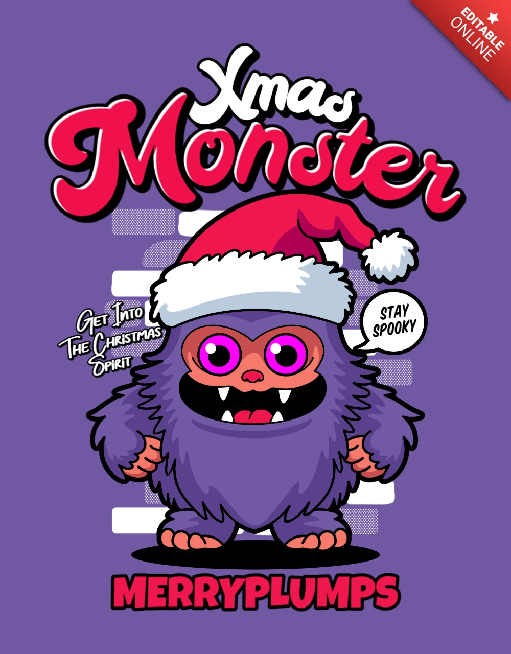 Paars pluizig grappig xmas monster cartoon poster ontwerpsjabloon