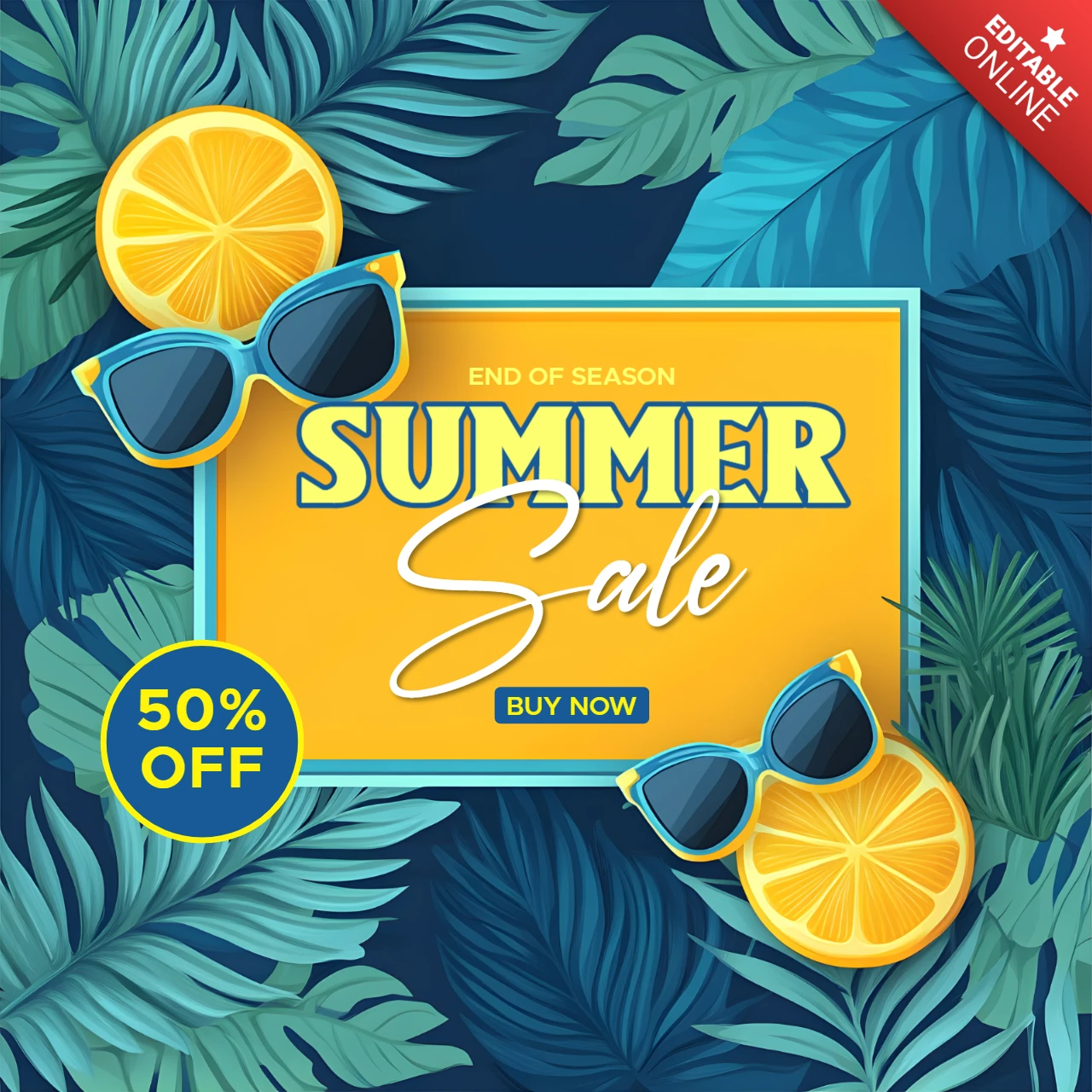 Vibrant Tropical Summer Sale Design Template with Sunglasses and Citrus Elements