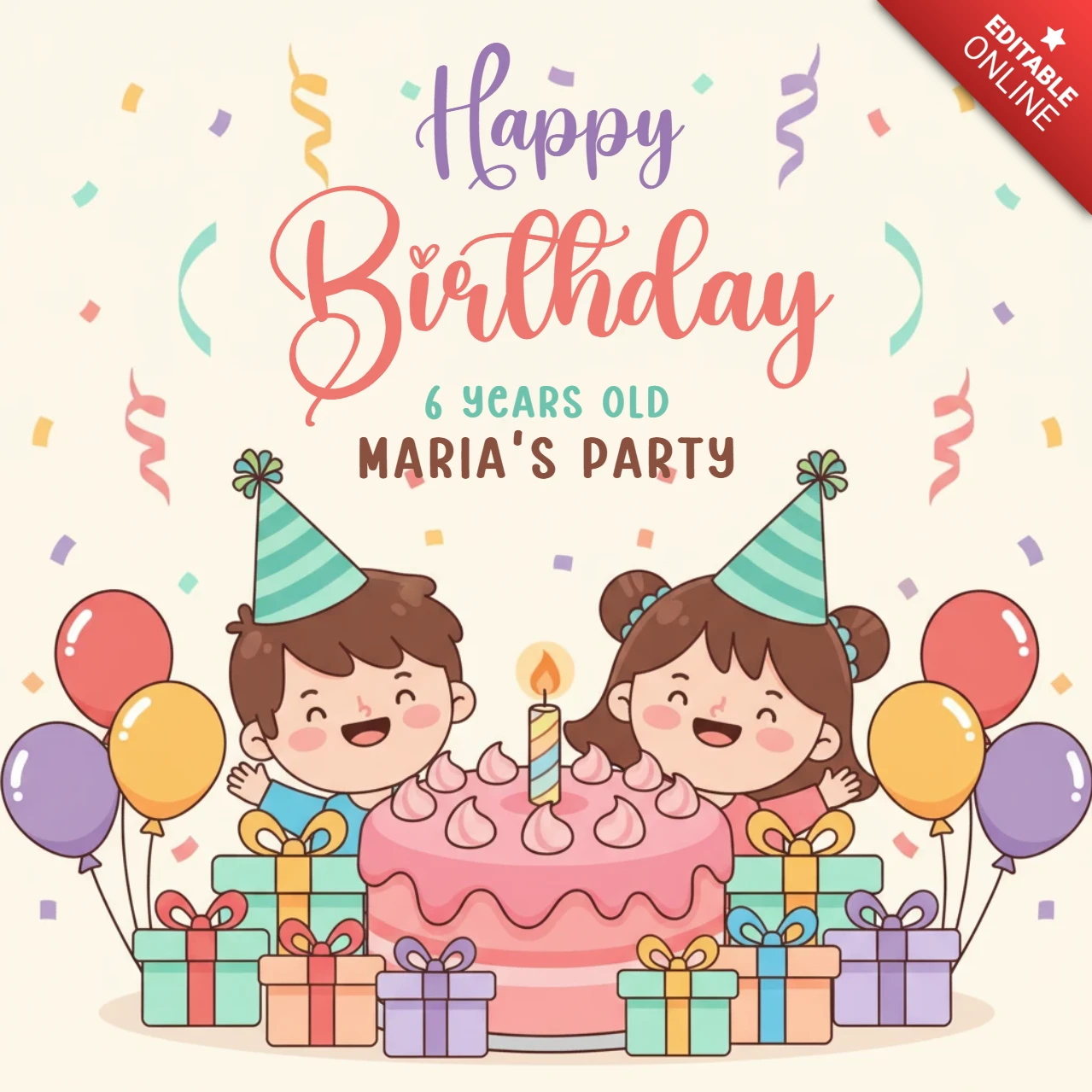 Cartaz de saudação de aniversário para festa infantil com balões, bolo, presentes e alegres desejos de aniversário para Maria que está completando seis anos.