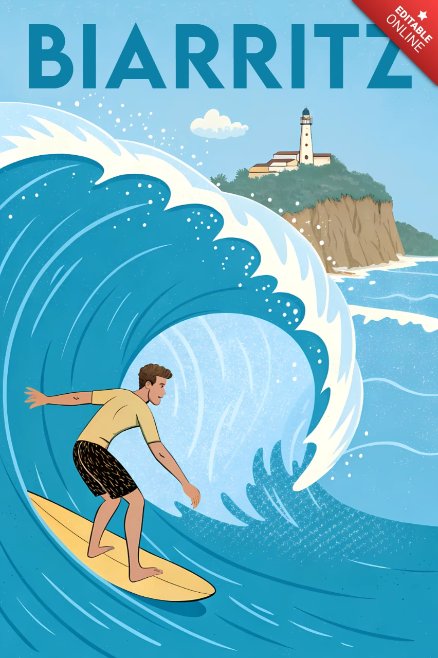 Surfando em Biarritz modelo de design para pôsteres retro do País Basco