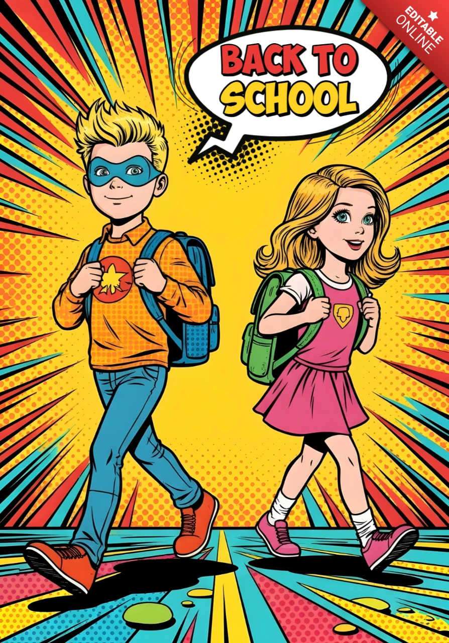 Retour à l'école, des super-héros enfants marchant avec des sacs à dos et des emblèmes dans un modèle de design d'affiche éclatante de bande dessinée.