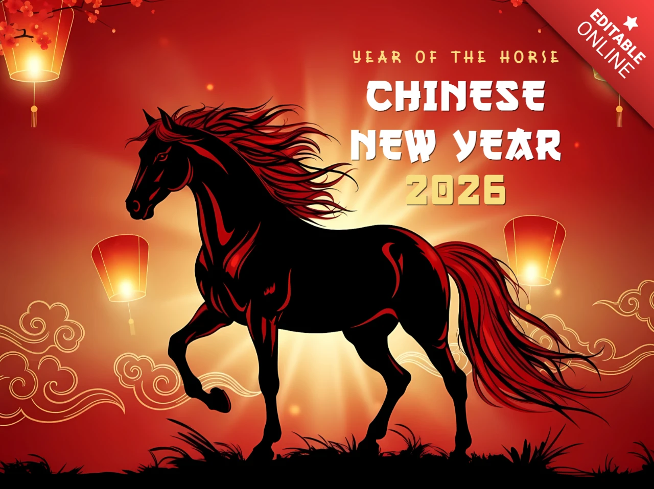 Plantilla de diseño de caballo para el Año Nuevo Chino para carteles festivos
