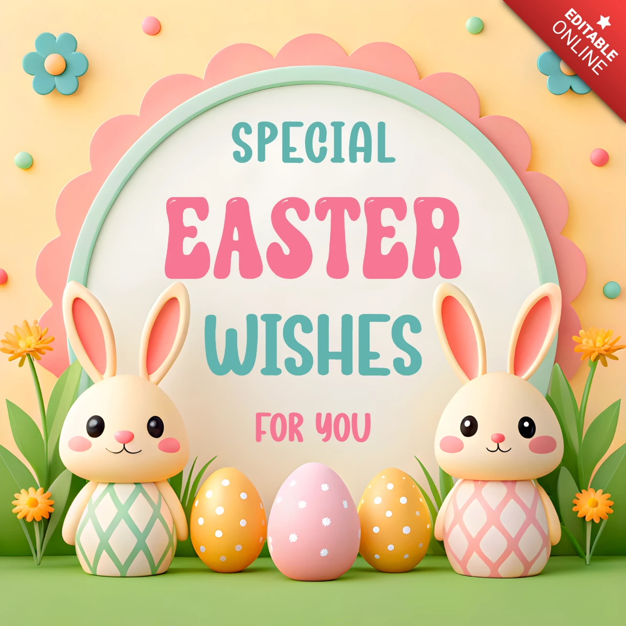 Cute 3D Easter Design with Bunnies and Eggs for Greeting Card Template