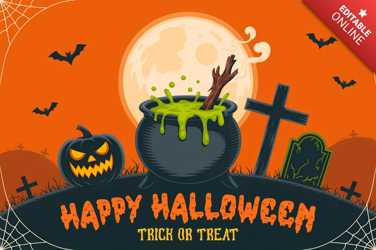 Spooky Halloween Design Template with Cauldron Pumpkin and Moon for Party Invitations