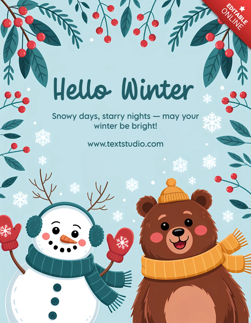 Winter Wonderland Design Template Featuring Cute Bear and Snowman for Holiday Greeting Cards