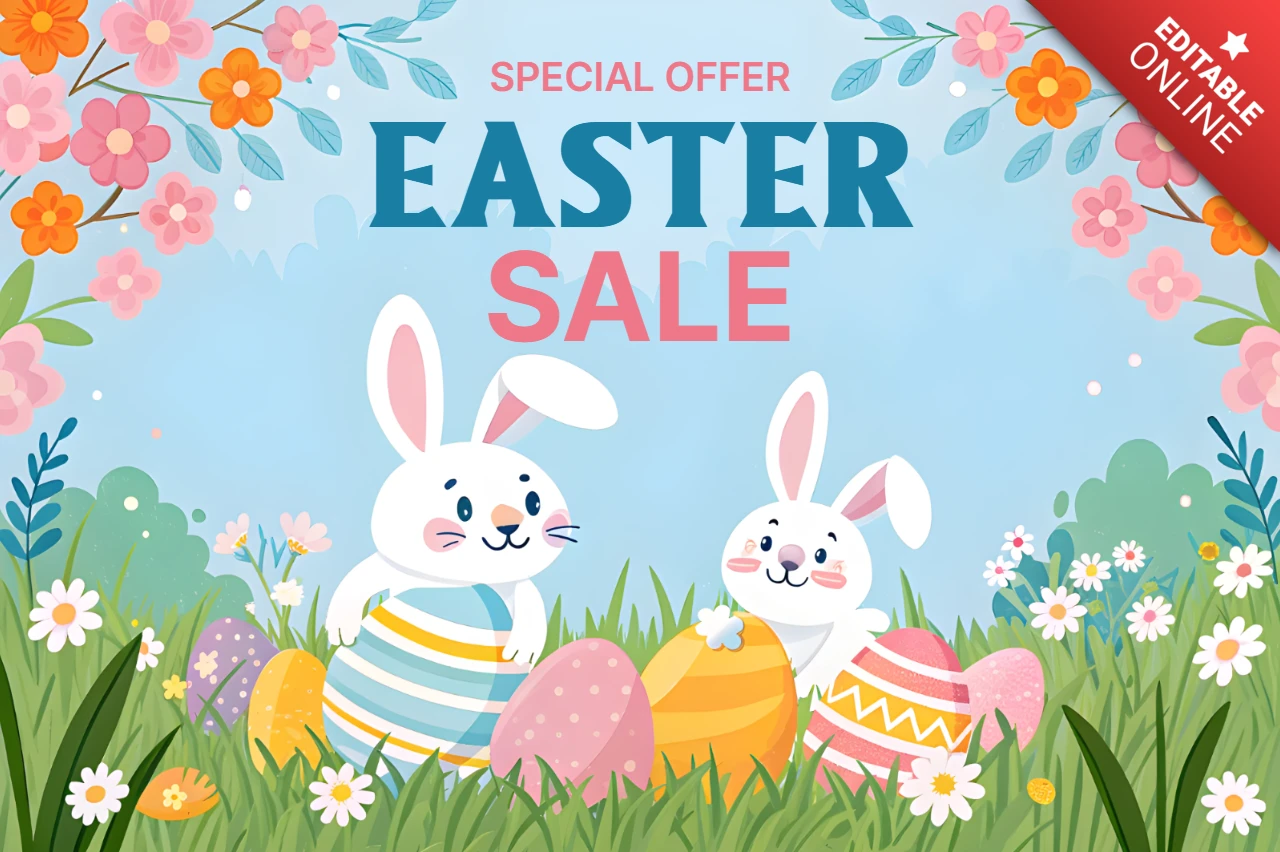 Spring-Themed Easter Sale Design Template with Cute Bunnies and Floral Elements