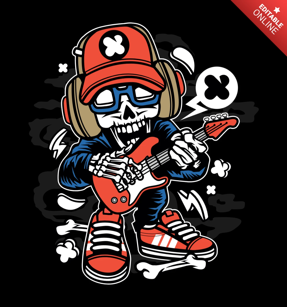 Modèle de t-shirt avec tête de mort de rock star et personnage de bande dessinée
