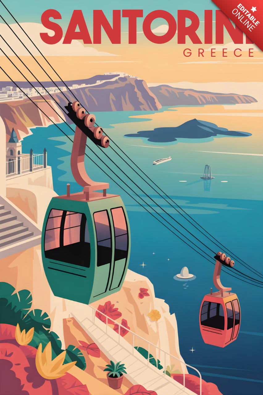 Funivie che scendono lungo la scogliera con vista sul mare al tramonto, design di poster di viaggio a Santorini.