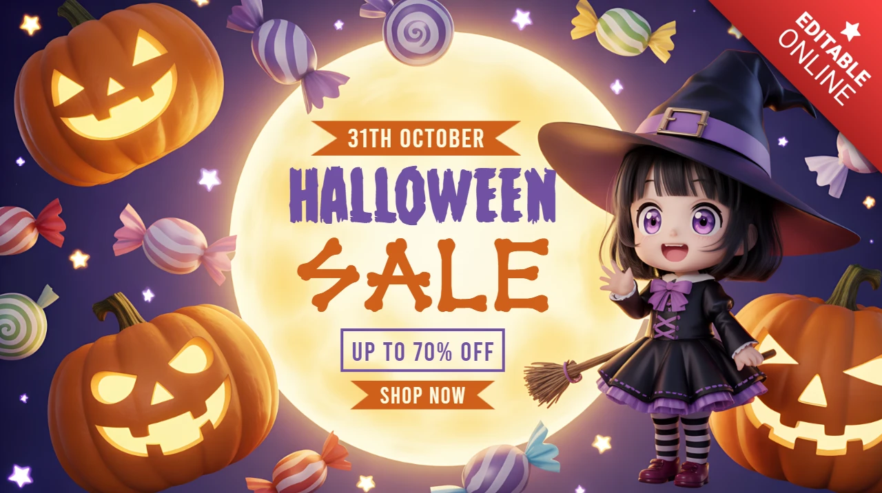 Bearbeitbare Halloween-Verkaufsvorlage mit süßem Chibi-Hexen-Design für Werbeflyer