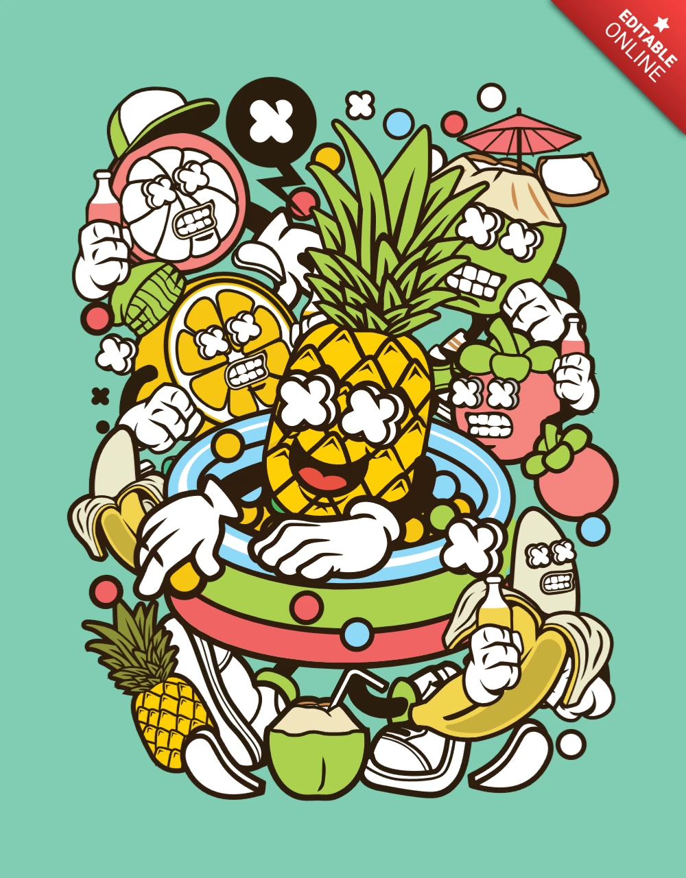 Modèle d'affiche pour une fête de fruits d'été avec un personnage de bande dessinée