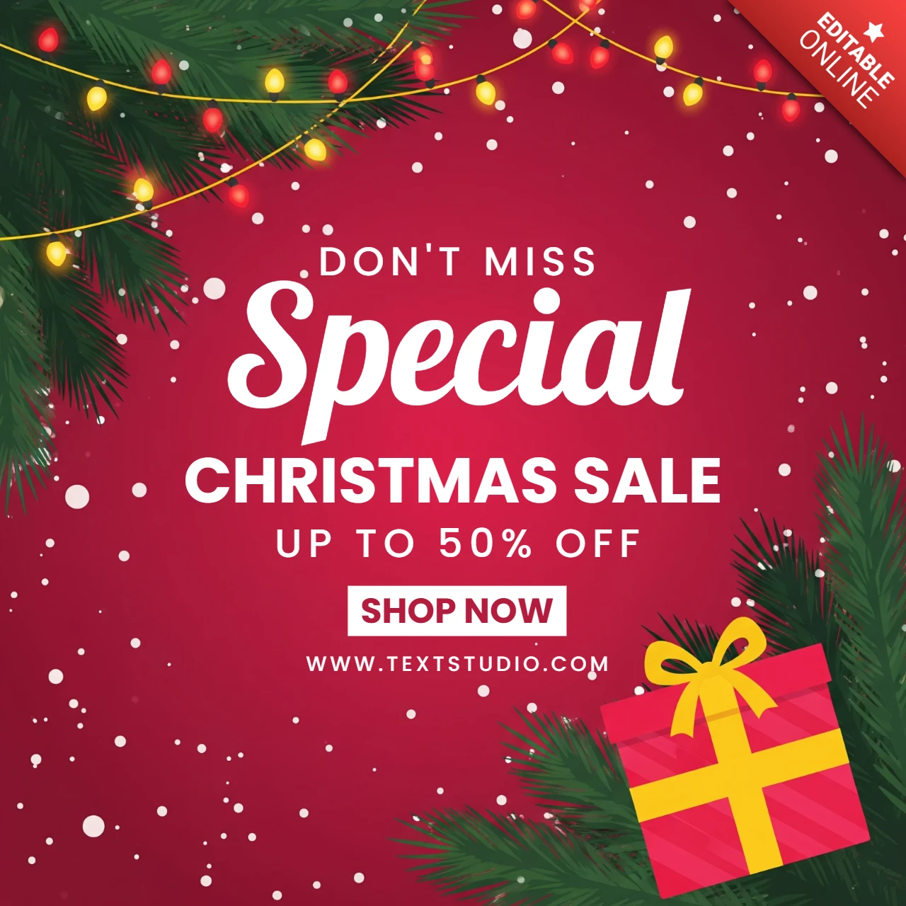 Weihnachtsmarketing-Plakat mit festlichem Verkaufsdesign, garniert mit Lichtern und dekorativem Band.