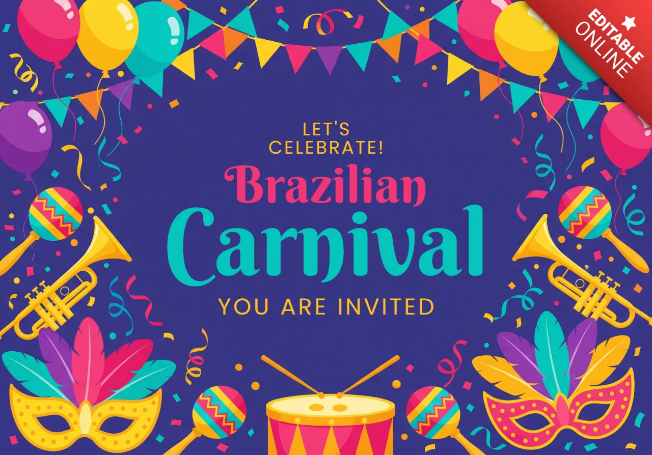 Brazilian Carnival Invitation Poster Deep Blue Background with Balloons, Masks, and Musical Decorations
