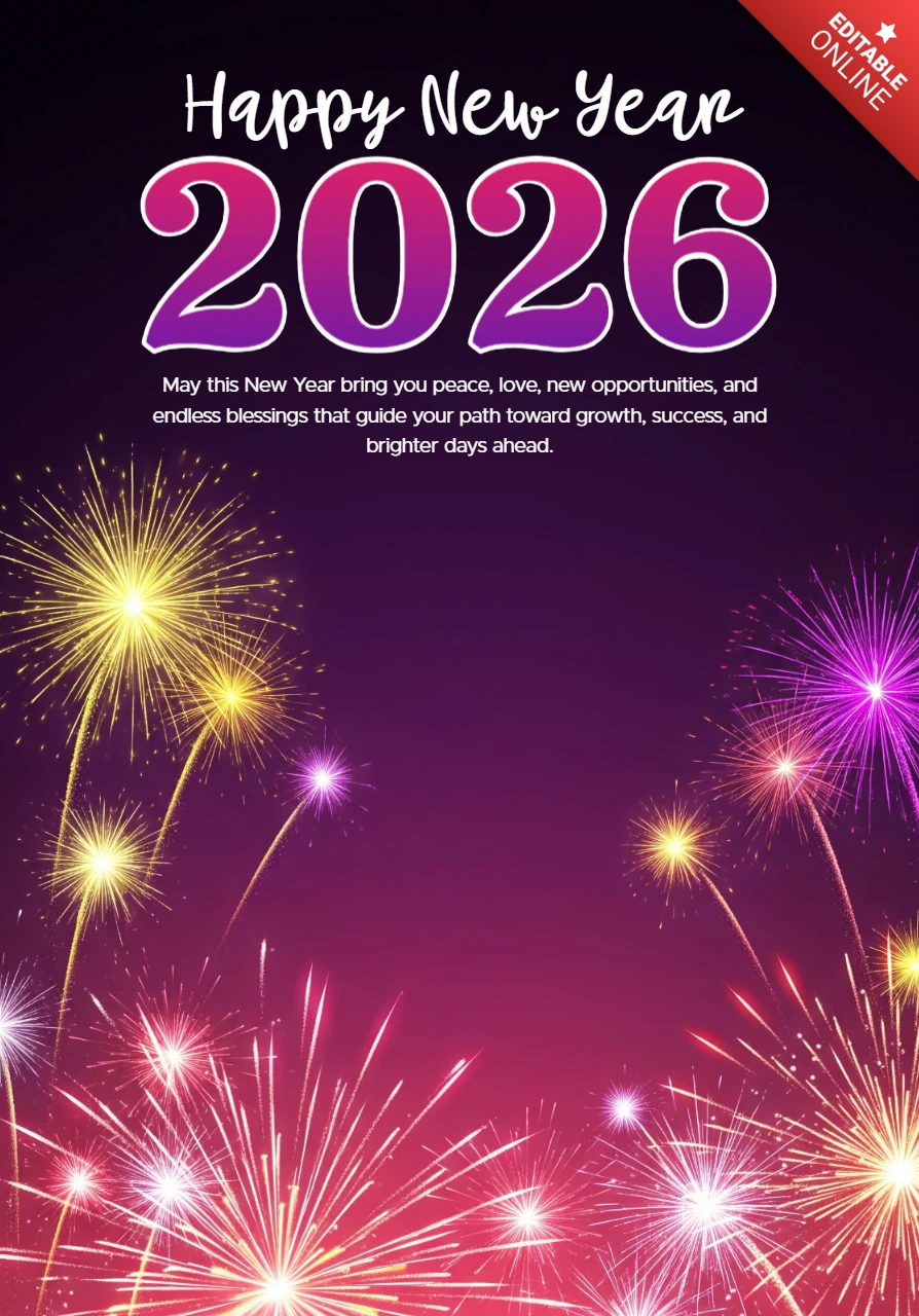 新年の願いテンプレート2026年の祝賀カード、花火の光と励ましのメッセージ付き