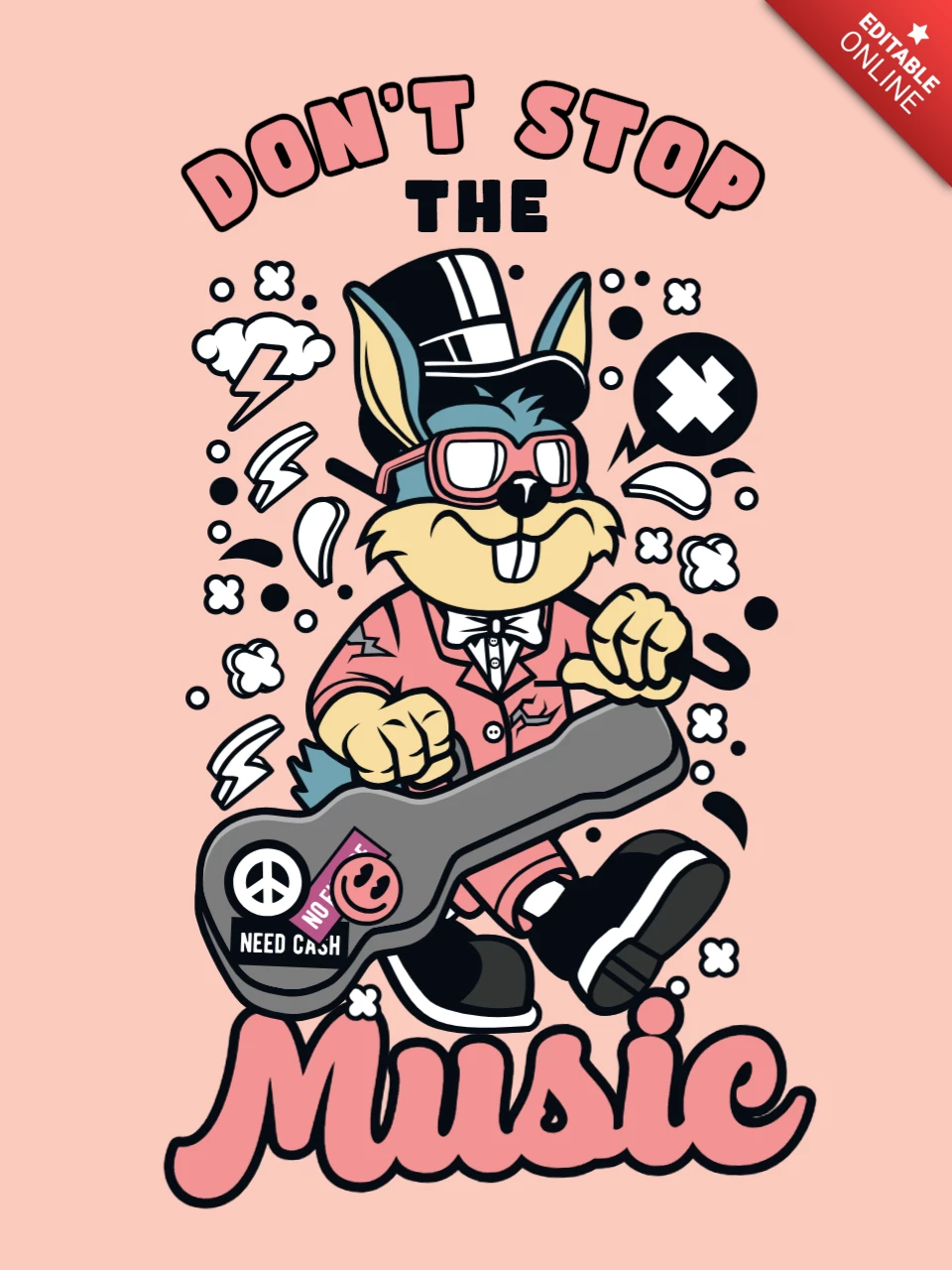 No detengas la plantilla de diseño de camiseta de dibujos animados de música.