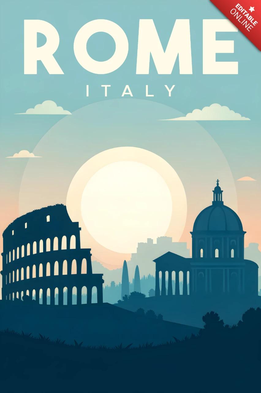 Design del poster di viaggio retrò che presenta i monumenti di Roma, Italia, per arte da parete.