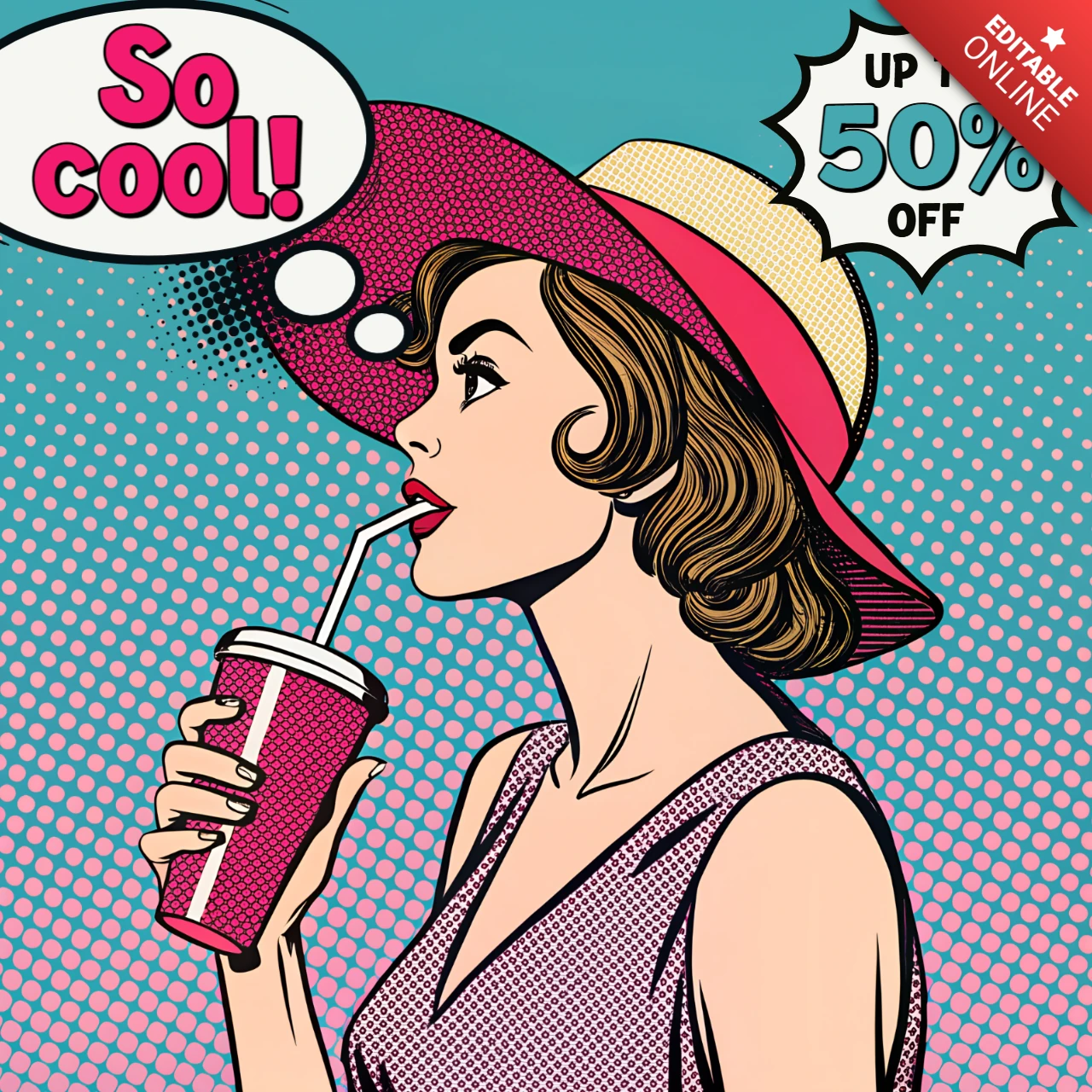 Template de mulher pop art bebendo bebida para design de cartaz promocional