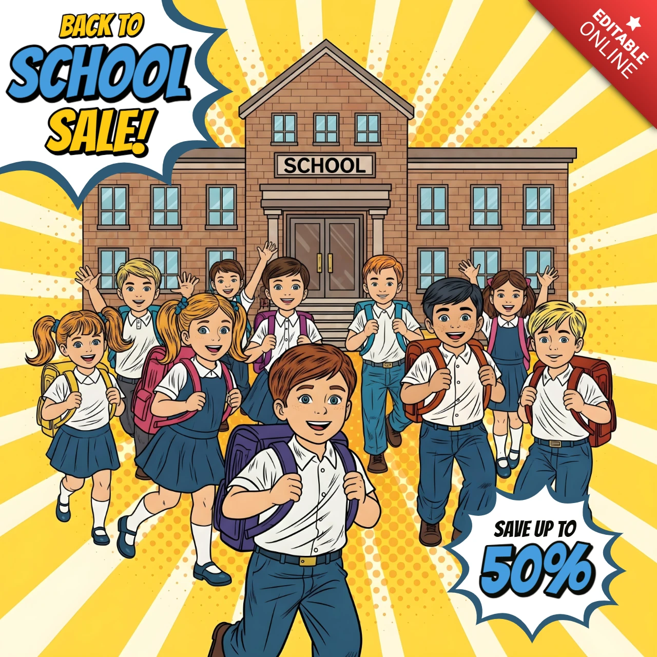 Comic Back To School Sale Students Running from School Building with Limited-Time Promo Design Template for Promotional Flyers