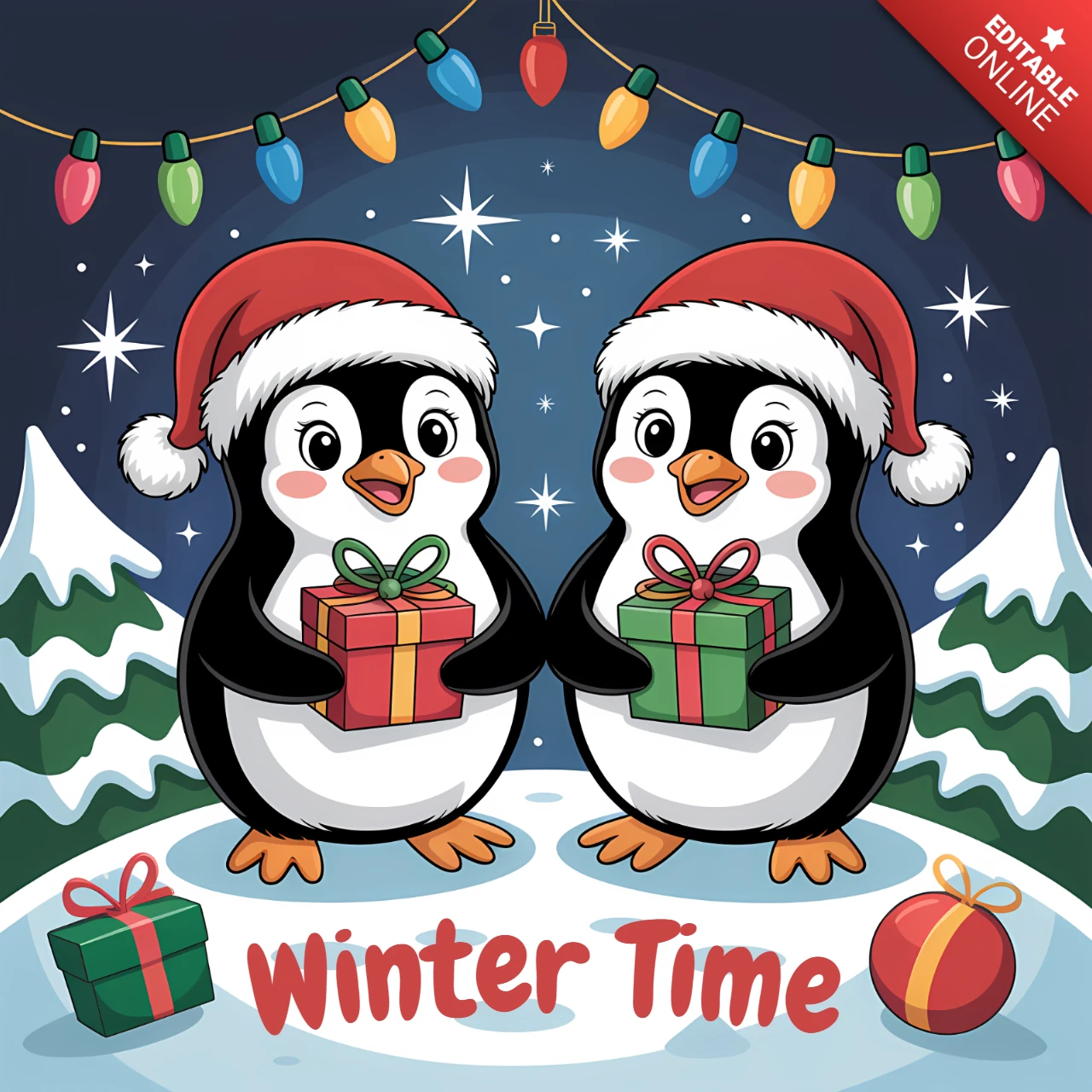 Winter Time Penguin Design Template for Holiday Greeting Cards